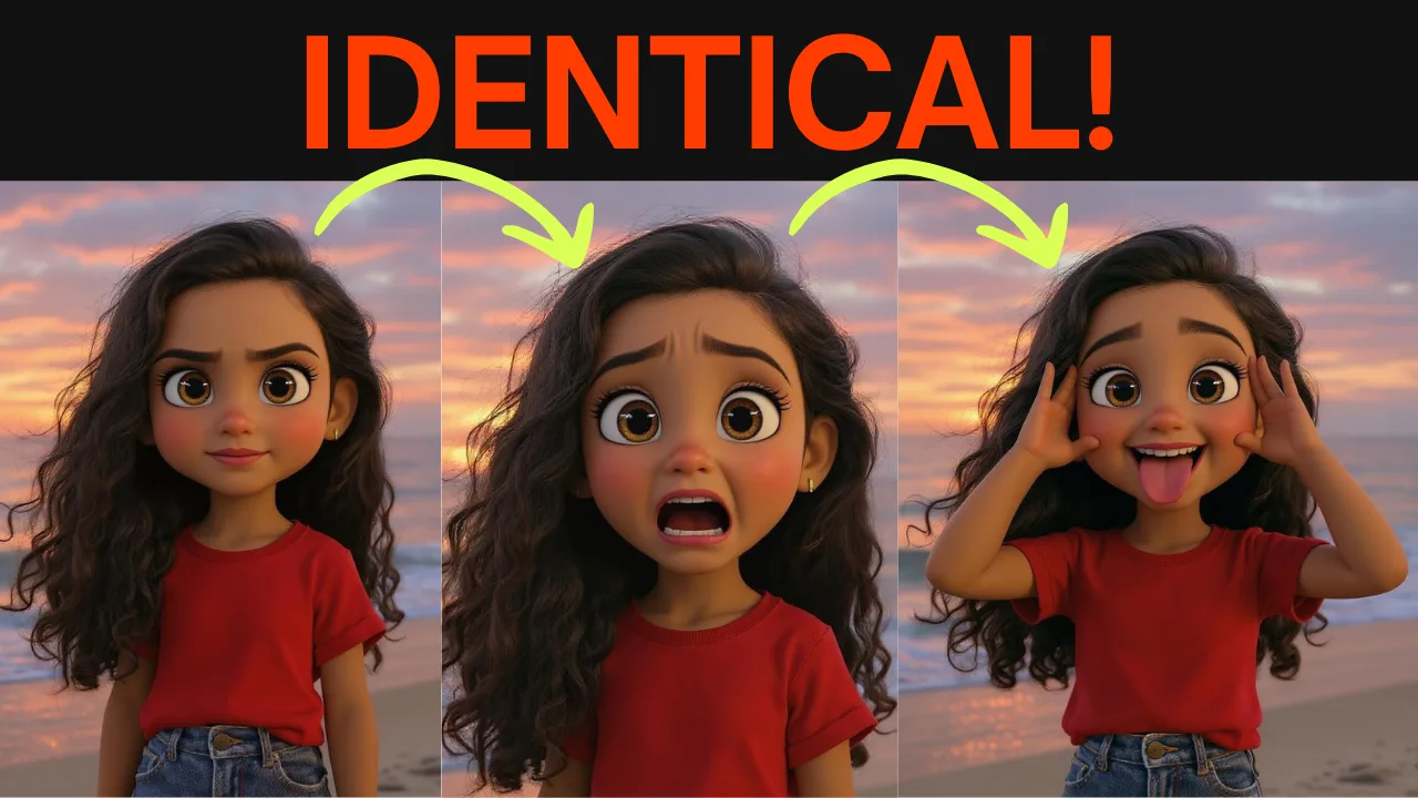 The same cartoon girl in three expressions, identical face and outfit